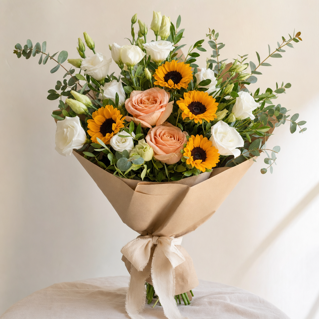 Ramo de temporada con girasoles y rosas
